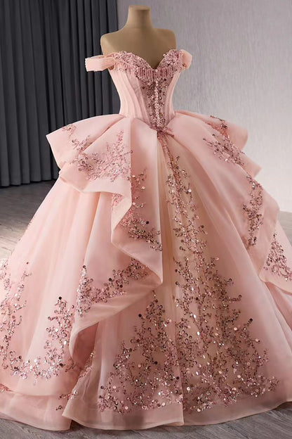 Princess Tulle Ruffled Pink Quinceanera Dress for Sweet 16 Off Shoulder Prom Party Gowns HE1170
