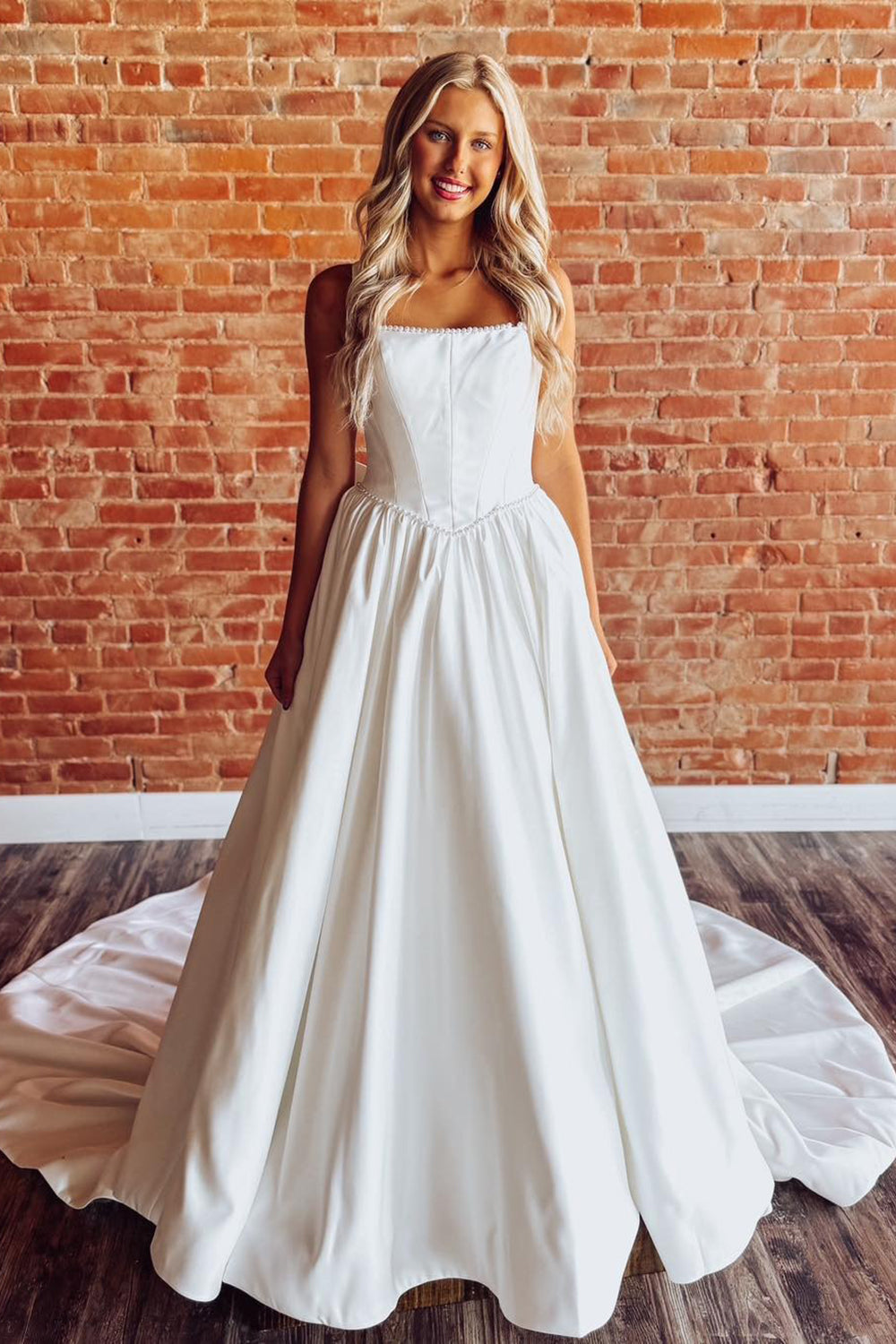 Satin A Line Wedding Dresses Crystal Strapless Corset Wedding Gowns for Women HE1146