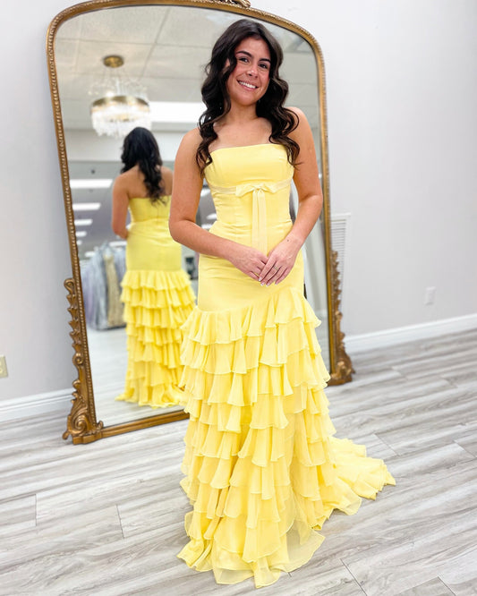 Sweetheart Mermaid Satin Chiffon Ruffled Long Prom Dresses Strapless Party Gowns with Split HE1209