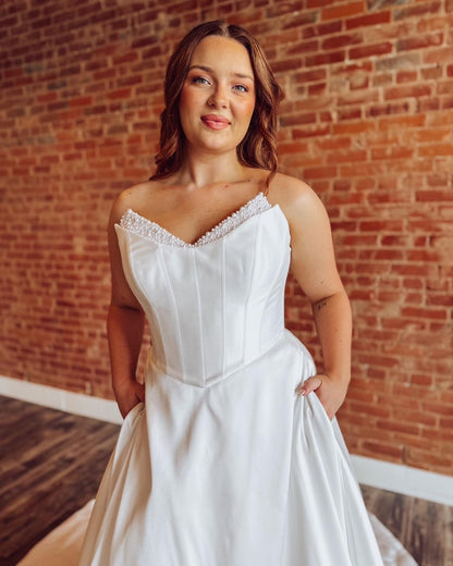 A Line Satin Crystal Beaded Wedding Dresses Boho Sweetheart Corset Bride Gowns HE1149