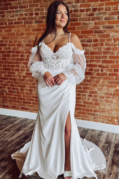 Mermaid V Neck Satin Lace Wedding Dresses for Bride Long Sleeves Wedding Gowns HE1153