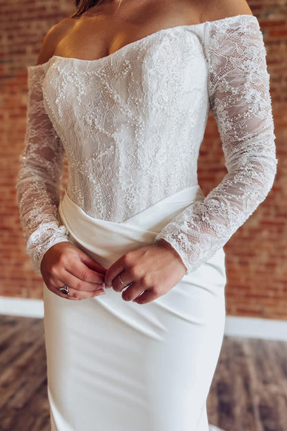 Mermaid Satin Lace Boho Wedding Dresses Long Sleeves Beach Wedding Gowns for Women HE1152