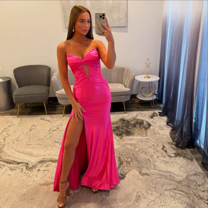 Sweetheart Satin Mermaid Keyhole Prom Dresses Long for Women Strapless Evening Gowns HE1207