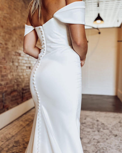 Women's Off Shoulder Mermaid Satin Wedding Dresses Simple Boho Bridal Wedding Gowns HE1148