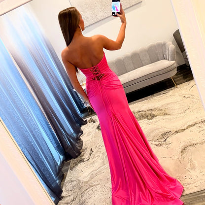 Sweetheart Satin Mermaid Keyhole Prom Dresses Long for Women Strapless Evening Gowns HE1207