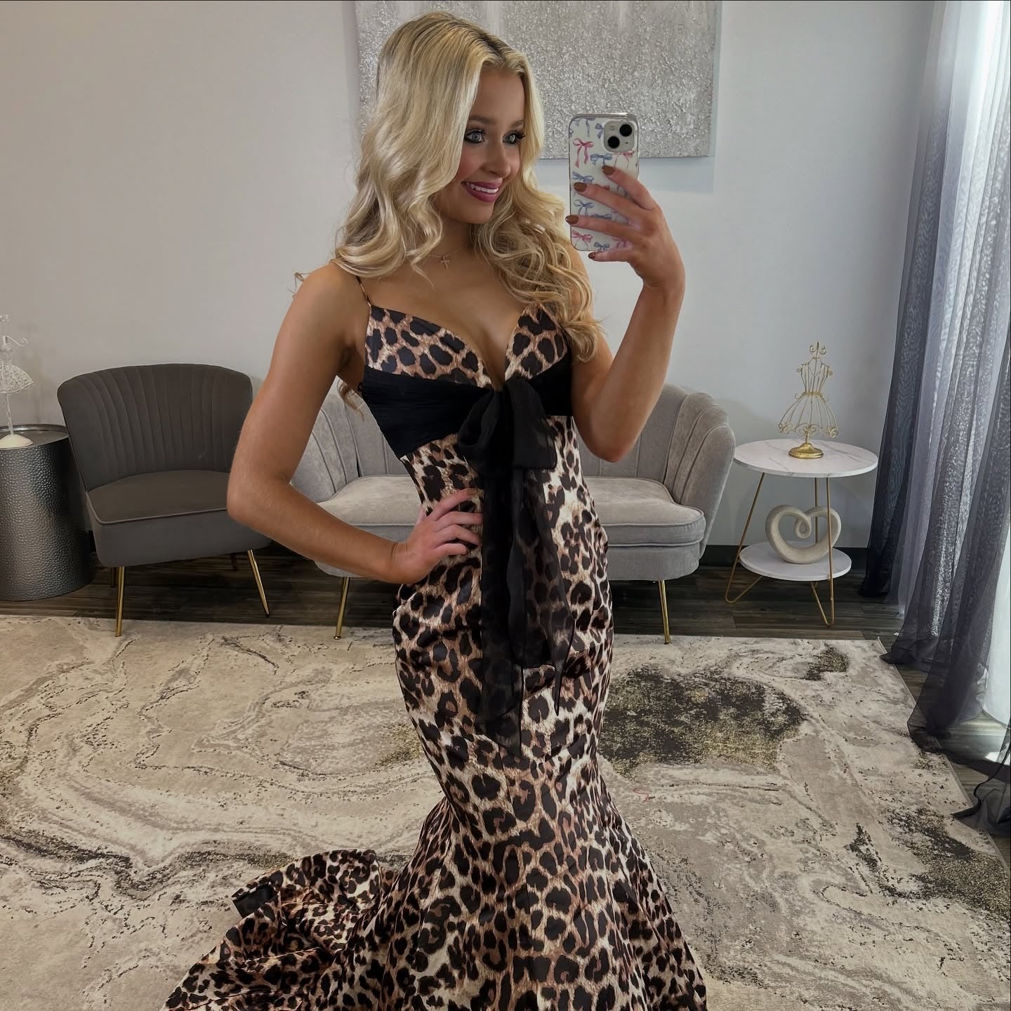 Mermaid Satin Leopard Print Prom Dresses Long V Neck Evening Gowns for Women HE1188