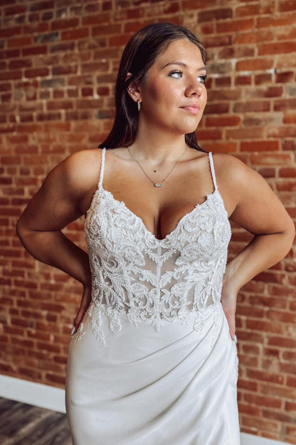 Mermaid V Neck Satin Lace Wedding Dresses for Bride Long Sleeves Wedding Gowns HE1153