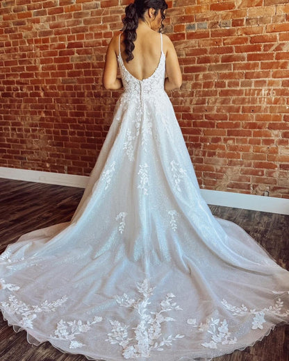 Glittery Tulle Lace Appliqued Beach Wedding Dresses A Line Boho Bride Dress for Women HE1156