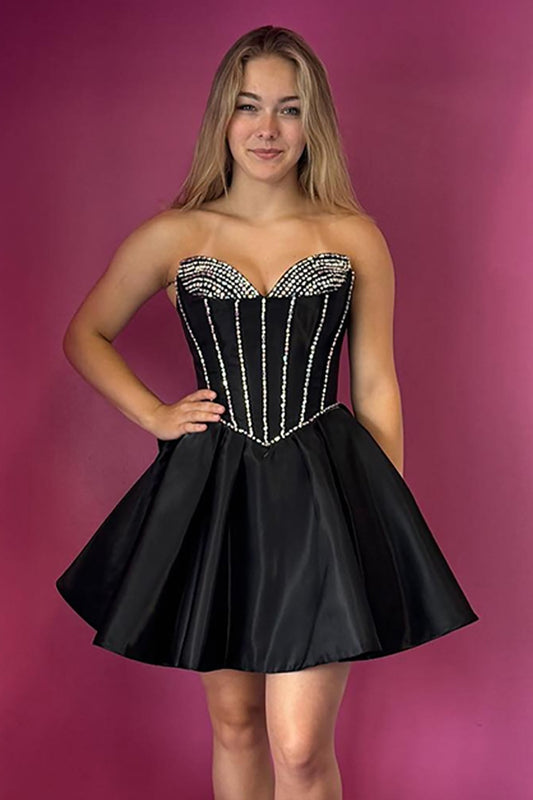 Vestido de fiesta de satén con cuentas, corte A y corsé brillante con lazo HE623