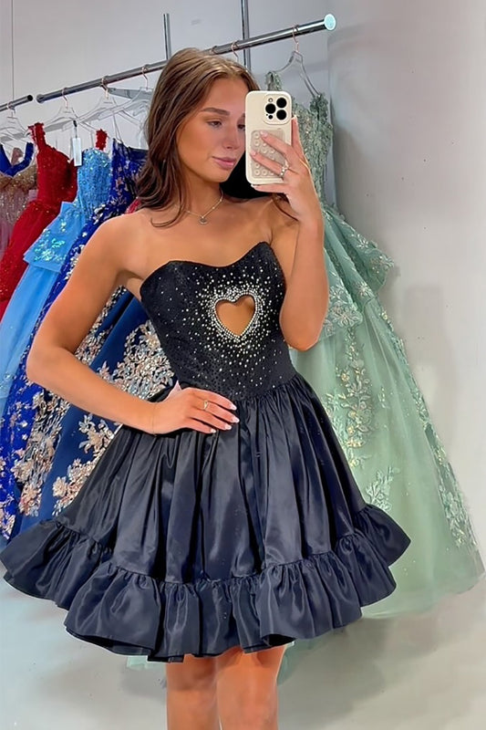 Black Sweetheart Keyhole Short Satin Homecoming Dress with Beading HE629