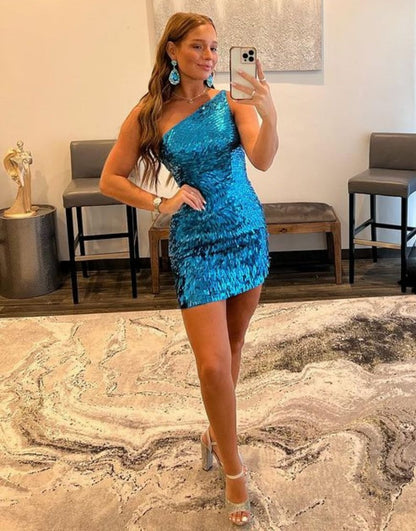Vestidos de fiesta con lentejuelas y un solo hombro para jóvenes, vestidos de cóctel ajustados HE484