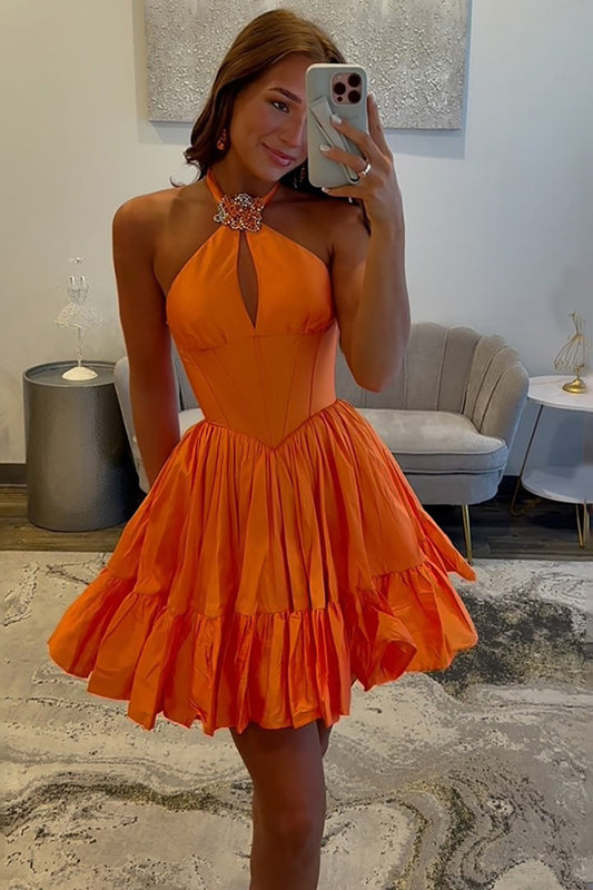 Vestido de fiesta de satén naranja con escote halter, corte A, con corsé corto para jóvenes, HE596