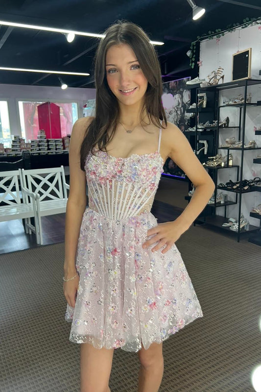 Vestido de fiesta corto con flores y corsé en rosa brillante, corte A, HE595