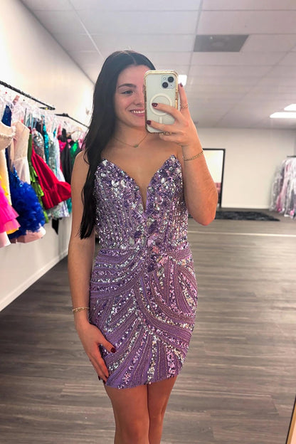 Sparkly Purple Bodycon Beaded Short Corset Homecoming Dress HE613