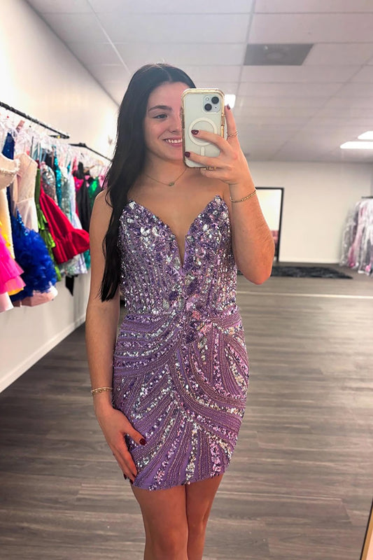 Sparkly Purple Bodycon Beaded Short Corset Homecoming Dress HE613