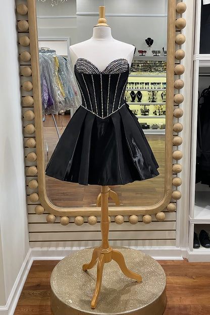 Vestido de fiesta de satén con cuentas, corte A y corsé brillante con lazo HE623