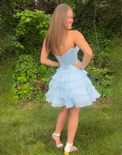 Sparkly Lavender Ruffled A Line Short Corset Homecoming Dresses with Beading HE752