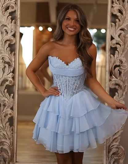Sparkly Light Blue Short Tiered Corset Homecoming Dress with Lace HE64 Hebebridal Sparkly Light Blue Short Tiered Corset Homecoming Dress with Lace HE64 Hebebridal