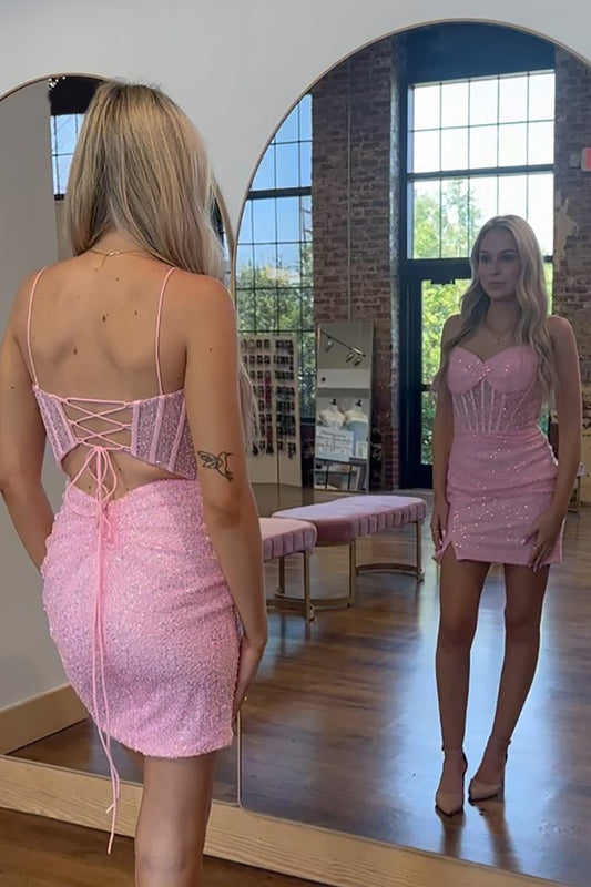 Vestido de fiesta corto con corsé y tirantes finos ajustados con lentejuelas rosas brillantes HE611