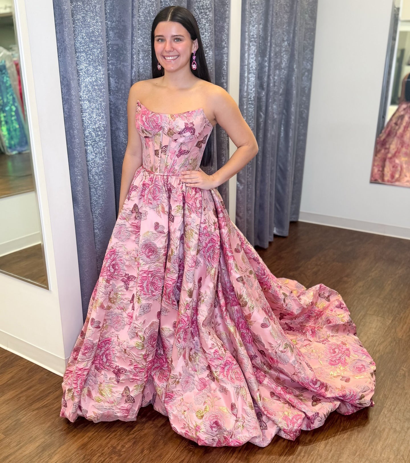 A Line Satin Corset Floral Print Prom Dresses Strapless Evening Party Gowns for Women HE1243