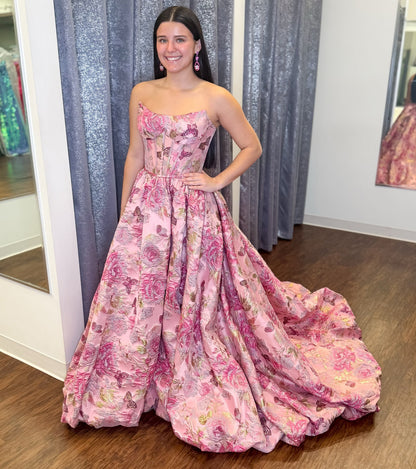 A Line Satin Corset Floral Print Prom Dresses Strapless Evening Party Gowns for Women HE1243