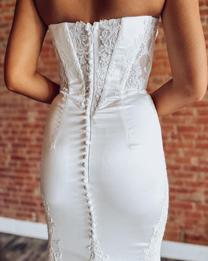 Sweetheart Mermaid Satin Wedding Dresses Beach Lace Long Sleeves Bride Wedding Gowns HE1150