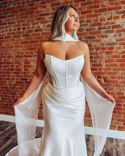Mermaid Satin Corset Wedding Dresses Strapless Bride Wedding Gowns with Scarf HE1151