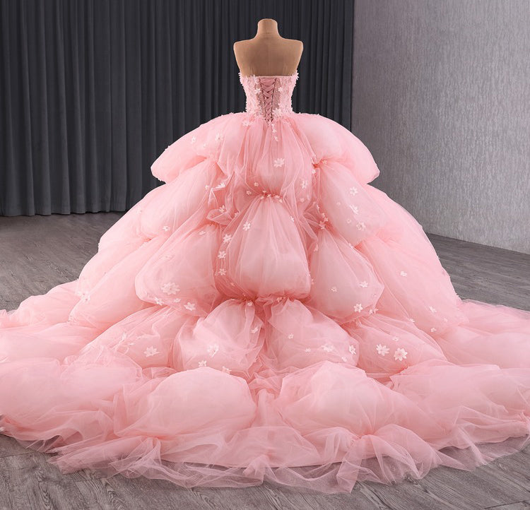 Sweetheart Tulle 3D Flower Pink Quinceanera Dresses Ball Gown Prom Dress for Sweet 16 HE1176