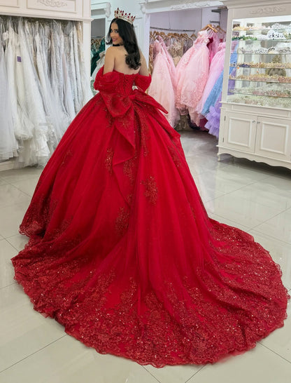 Princess Ball Gown Red Quinceanera Dresses Off Shoulder Sweet 16 Prom Party Gowns HE1166