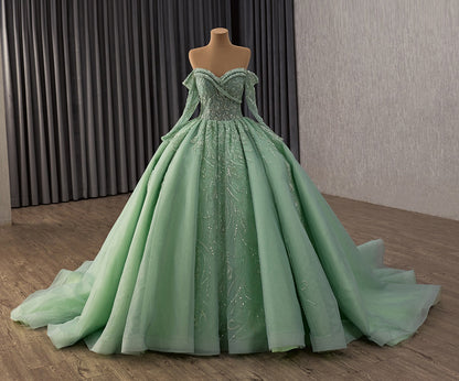 Off Shoulder Tulle Beaded Green Quinceanera Dresses Long Sleeves Sweet 16 Party Gowns HE1178