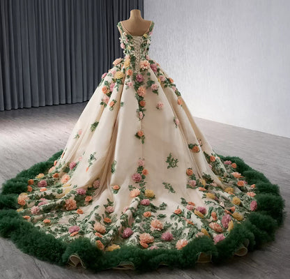 Tulle 3D Flower Sweet 16 Quinceanera Dresses Ruffled Lace Beaded Birthday Prom Gowns HE1173