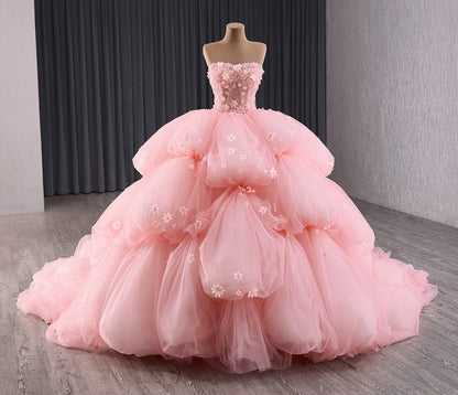 Sweetheart Tulle 3D Flower Pink Quinceanera Dresses Ball Gown Prom Dress for Sweet 16 HE1176