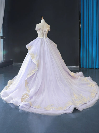 Princess Tulle Lace Appliqued Sweet 16 Quinceanera Dresses Off Shoulder Prom Gowns HE1179