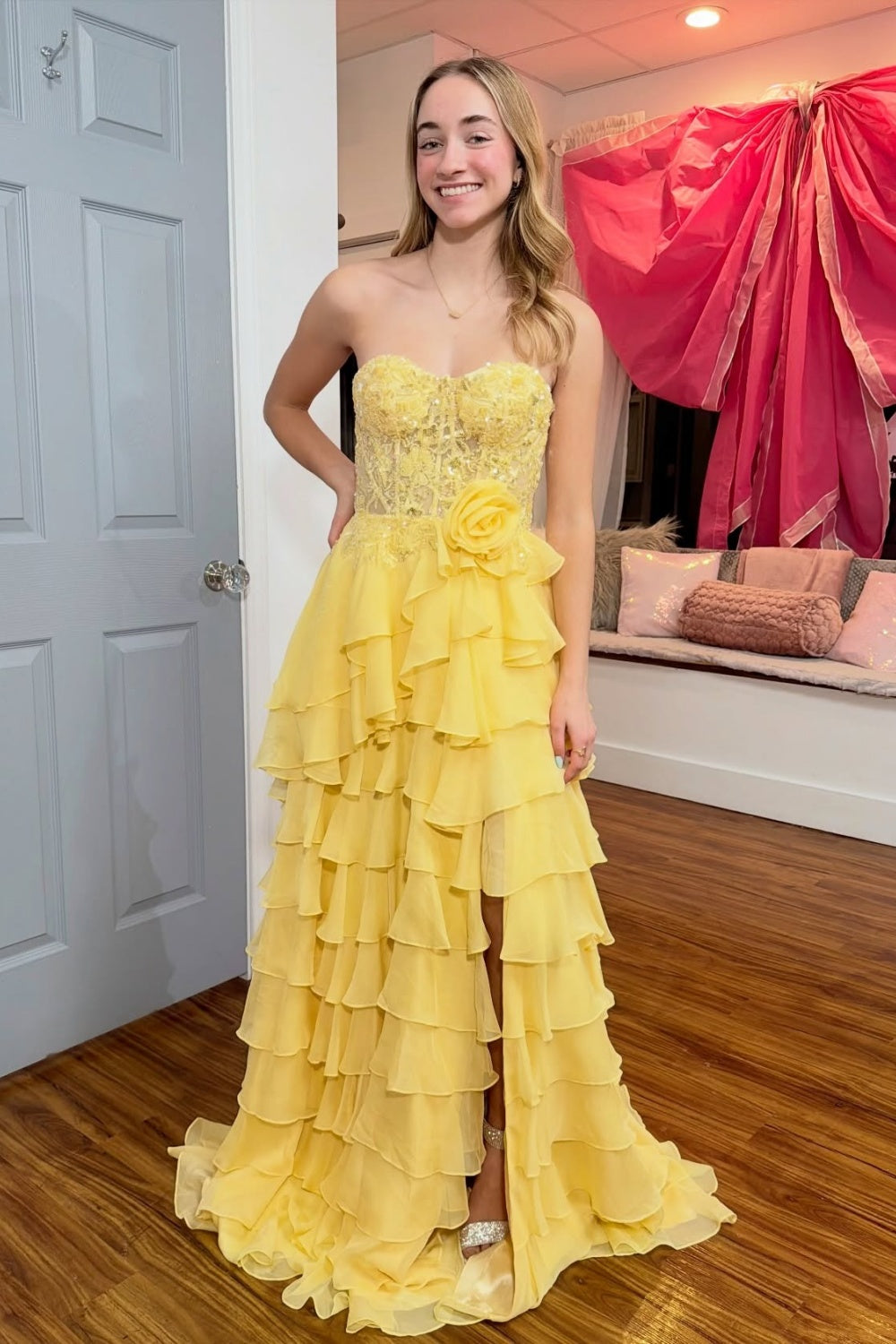 Women's Chiffon Ruffled Appliqued Prom Dresses Sweetheart Corset Evening Gowns Long HE1245