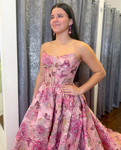 A Line Satin Corset Floral Print Prom Dresses Strapless Evening Party Gowns for Women HE1243