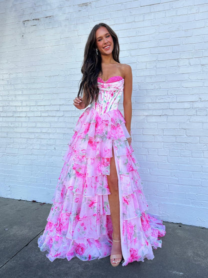 Sweetheart A Line Chiffon Long Prom Dresses Floral Print Evening Party Gowns with Split HE1206