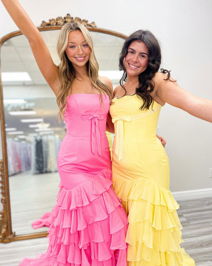 Sweetheart Mermaid Satin Chiffon Ruffled Long Prom Dresses Strapless Party Gowns with Split HE1209