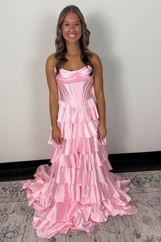 A Line Satin Ruffled Long Prom Dresses Sweetheart Corset Evening Gowns for Women HE1190
