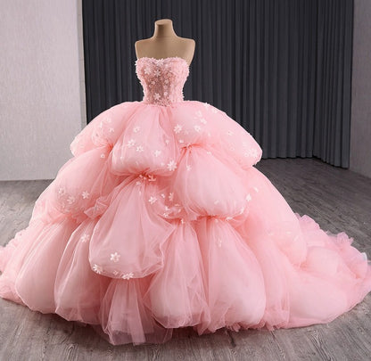 Sweetheart Tulle 3D Flower Pink Quinceanera Dresses Ball Gown Prom Dress for Sweet 16 HE1176