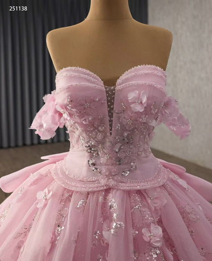 Off Shoulder Tulle Flower Corset Quinceanera Dresses Pink Lace Sweet 16 Birthday Gowns HE1171