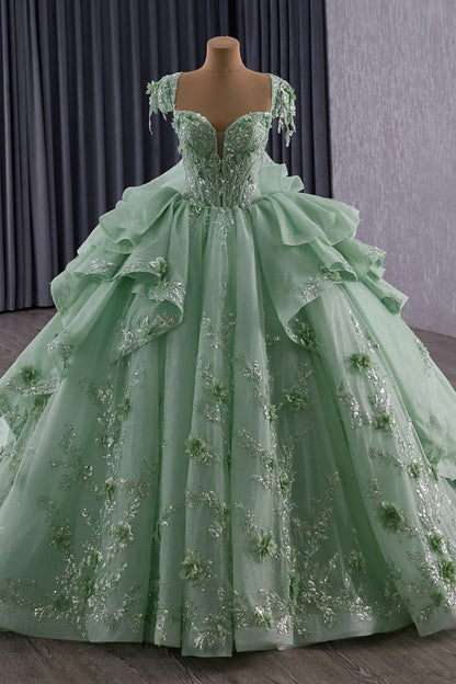 Sweetheart Ball Gown Quinceanera Dresses Tulle Ruffled 3D Flower Prom Party Gowns HE1180