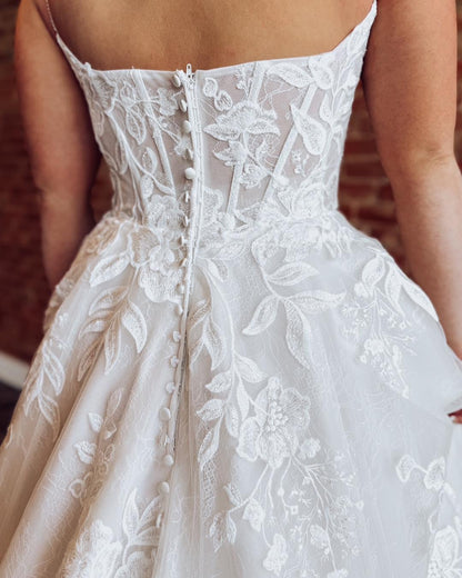 Glittery Tulle Lace Appliqued Wedding Dresses A Line Boho Bride Wedding Gowns HE1160