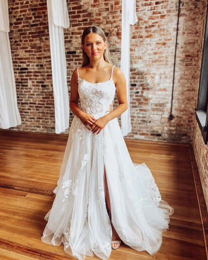 A Line Beach Wedding Dresses for Bride Tulle Lace Appliqued Wedding Gowns HE1161