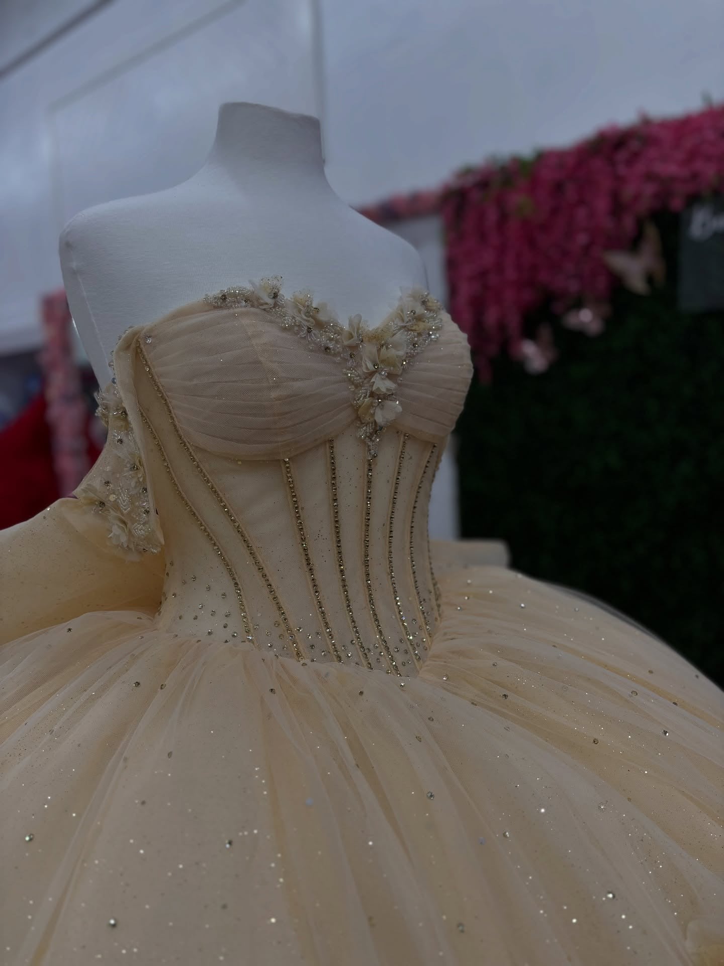 Off Shoulder Tulle Lace Appliqued Quinceanera Dresses Champagne Sweet 15 Party Gown HE1213