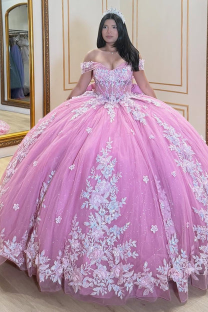 Off Shoulder Lace Appliqued Sweet 16 Quinceanera Dresses Pink Prom Party Dresses HE1167