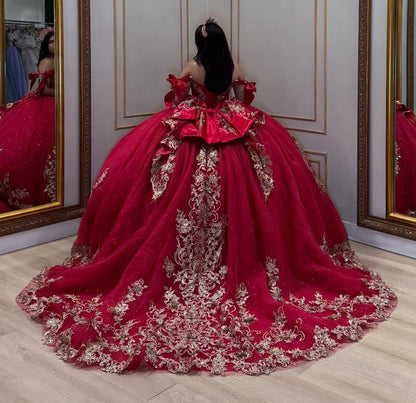 Off Shoulder Lace Appliqued Red Quinceanera Dresses Ball Gown Sweet 16 Party Dress HE1168