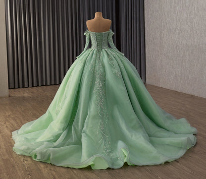 Off Shoulder Tulle Beaded Green Quinceanera Dresses Long Sleeves Sweet 16 Party Gowns HE1178