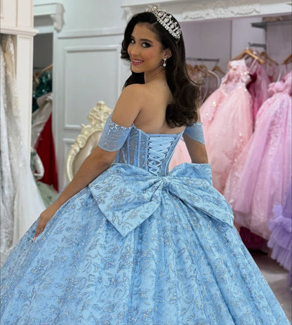 Off Shoulder Blue Sweet 16 Quinceanera Dresses Tulle Lace Birthday Party Dresses HE1164