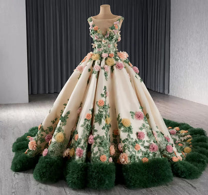 Tulle 3D Flower Sweet 16 Quinceanera Dresses Ruffled Lace Beaded Birthday Prom Gowns HE1173