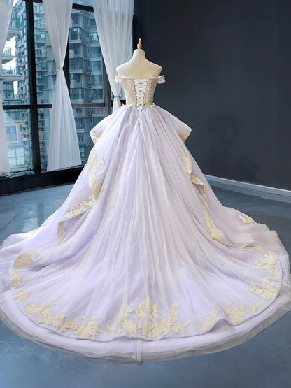 Princess Tulle Lace Appliqued Sweet 16 Quinceanera Dresses Off Shoulder Prom Gowns HE1179